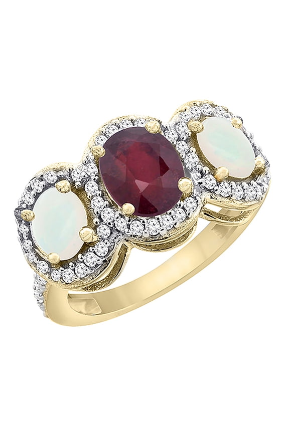 14K Yellow Gold Enhanced Ruby & Opal 3-Stone Ring Oval Diamond Accent, size 5
