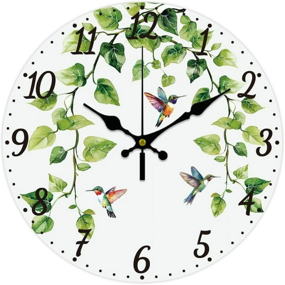 12inch Ivy Hummingbird Wooden Wall Clock Battery Operated Silent Non Ticking Round Decorative Clock for Office Home Living Room Bedroom Bathroom Kitchen Decor