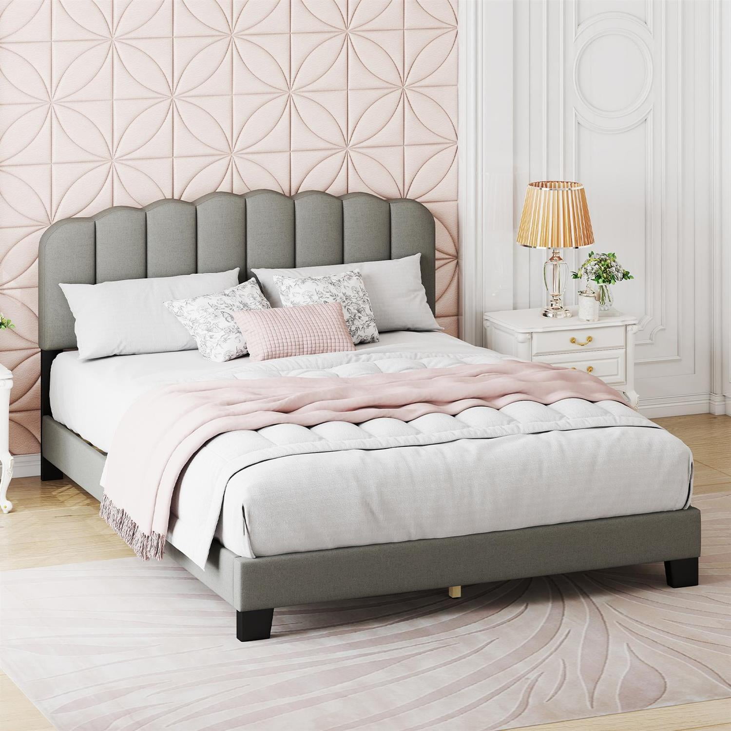 Spaco Queen Size Bed Frame, Adjustable Scalloped Tufted Headboard (2 Heights), Linen Upholstery, 12 LVL Slats, 770LBS Capacity, Gray + Black