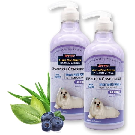 Alpha Dog Series Bright White Grooming Natural Dog Shampoo and Conditioner with Aloe Vera, pH balanced Shampoo for Dogs, Tear-Free, Moisturizing Dog Shampoo for Sensitive Skin - 26.4 Oz (Pack of 2)