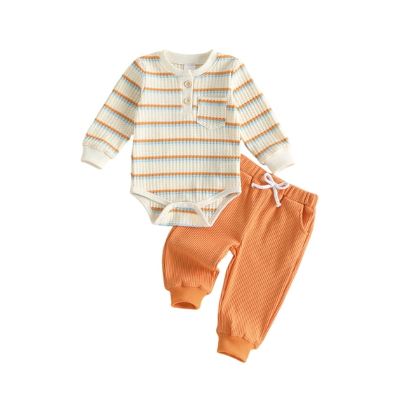 Loicainy Infant Baby Boys Fall Outfit 3 6 9 12 18 Months Long Sleeve Round Neck Striped Jumpsuit and Pants Clothes Set