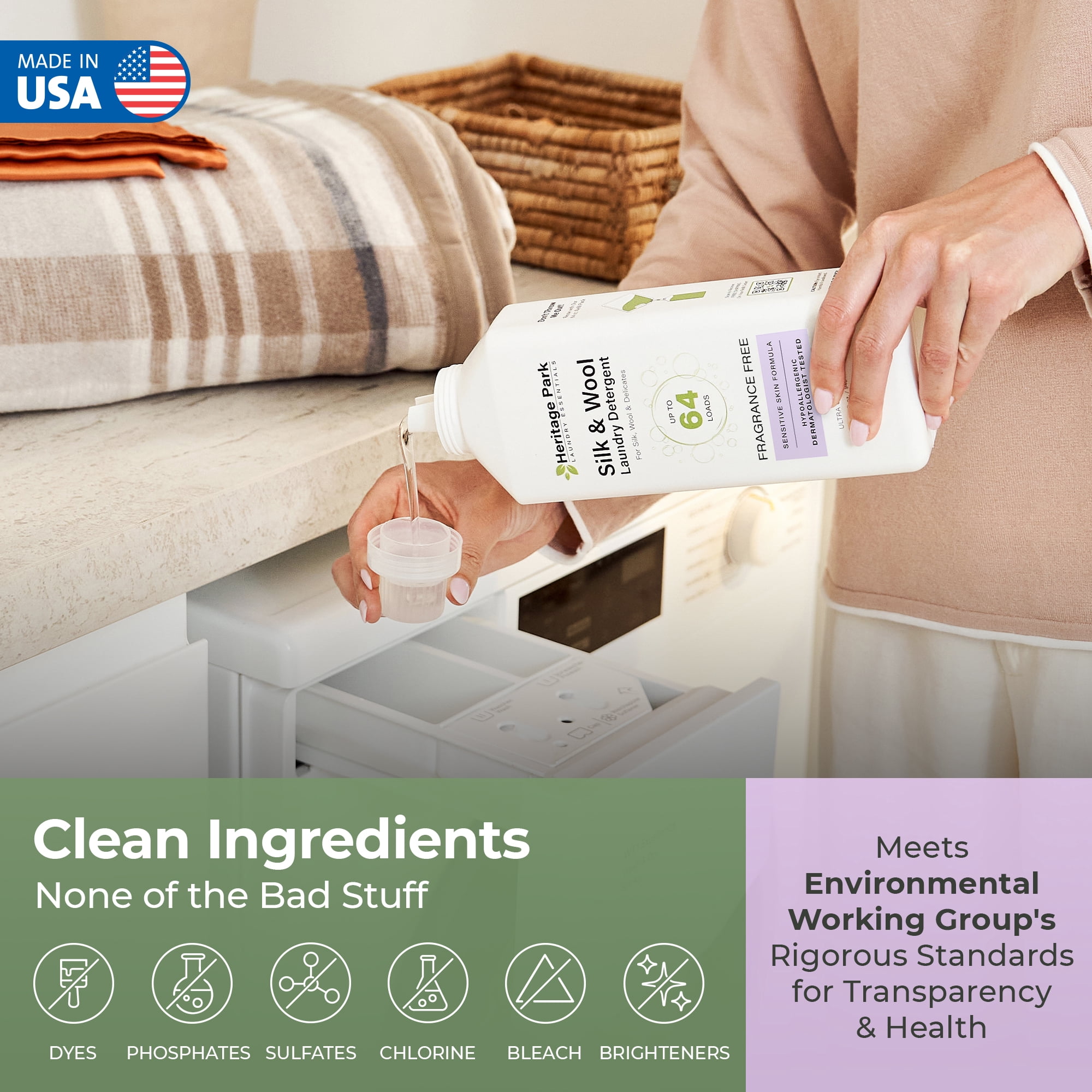 Heritage Park Silk & Wool Fragrance Free, Hypoallergenic, pH-Neutral Laundry Detergent - Dermatologist-tested, Sensitive Skin-Friendly, Enzyme-Free, Concentrated Up to 64 loads (32 fl oz)