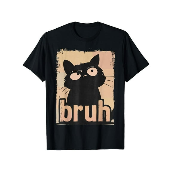 Men's Super Funny "Bruh" Black Cat Graphic Tees, Retro - Style Print T - shirts, Comfortable Short Sleeve Casual Daily Tops Shirts