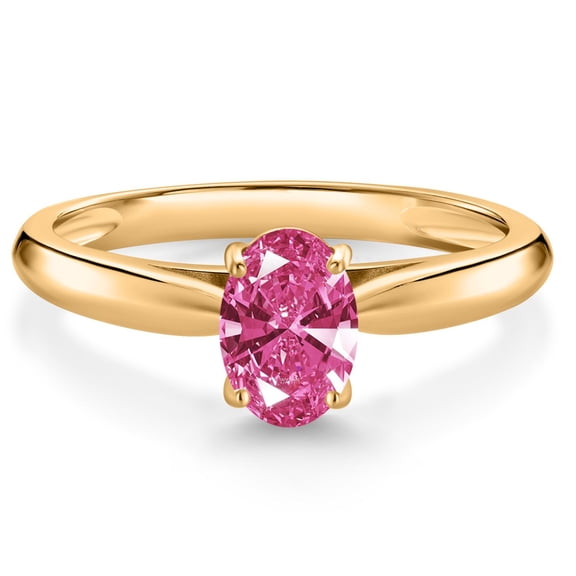 Gem Stone King 10K Yellow Gold Pink Zirconia Solitaire Engagement Ring for Women (0.76 Cttw, Oval 7X5MM, Gemstone Birthstone, Size 9)