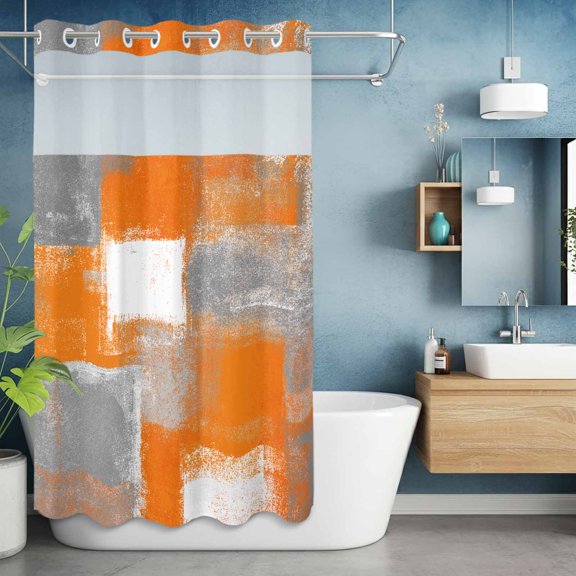 No Hook Shower Curtain with Snap in Liner, Orange Gradient Oil Painting Style Waterproof Fabric Bathroom Curtain Mesh Top Window, Gray Color Block Shower Curtains 36x72in