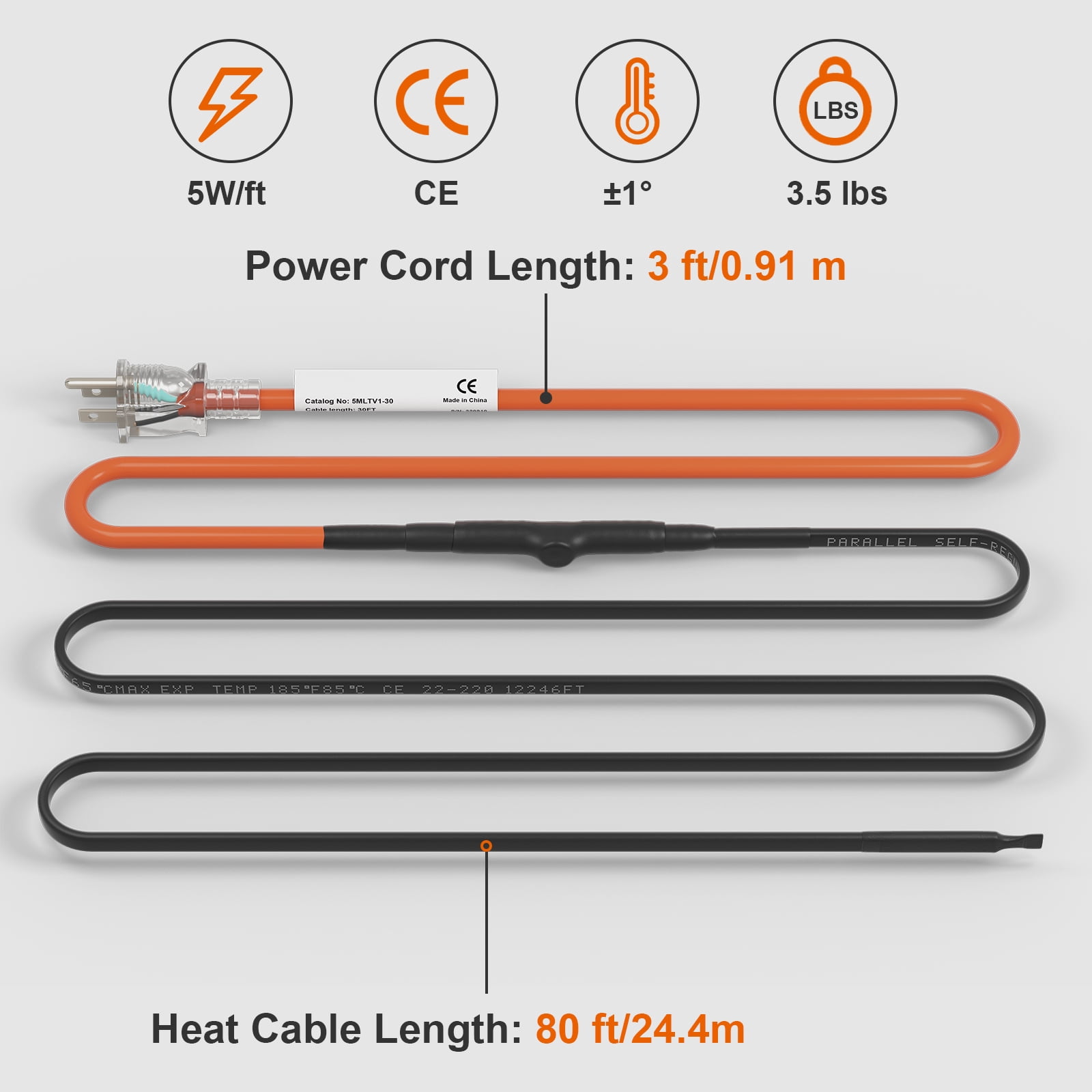 KFFKFF Self-Regulating Pipe Heating Cable, 80-feet 5W/ft Heat Tape for Pipes Freeze Protection, Protects Hose, Metal and Pipe from Freezing, 120V