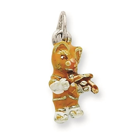 Sterling Silver 3-D Enamel Cat Playing the Violin Solid Charm Pendant