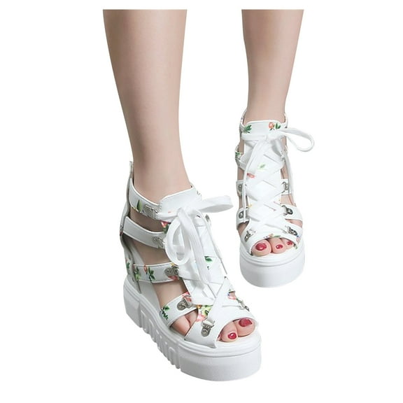 EQWLJWE Sandals Women 2022 Sponge Cake Thick-soled Fish Mouth High-heeled Sandals Floral Lace-up Plus Size Roman Sandals