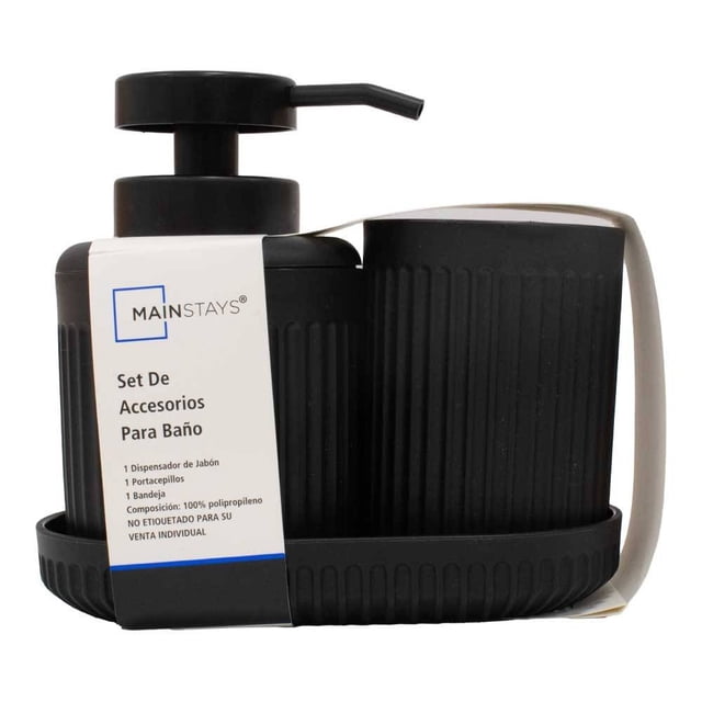 set de accesorios mainstays para baño de plástico negro 3 piezas, vista frontal centrada de dispensador con bomba, portacepillos y bandeja ovalada en polipropileno negro con textura acanalada y acabado mate, etiqueta Mainstays visible sobre fondo blanco; ideal para organizar jabón y cepillos en el lavabo y también suele usarse para ordenar artículos de tocador pequeños.