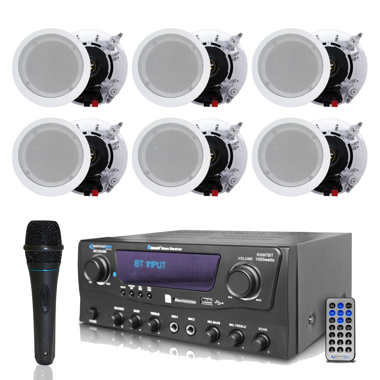 Technical Pro 1000 Watts Professional Bluetooth Receiver with Portable Microphone and (Qty 6) 5.25� Ceiling Wall Mount