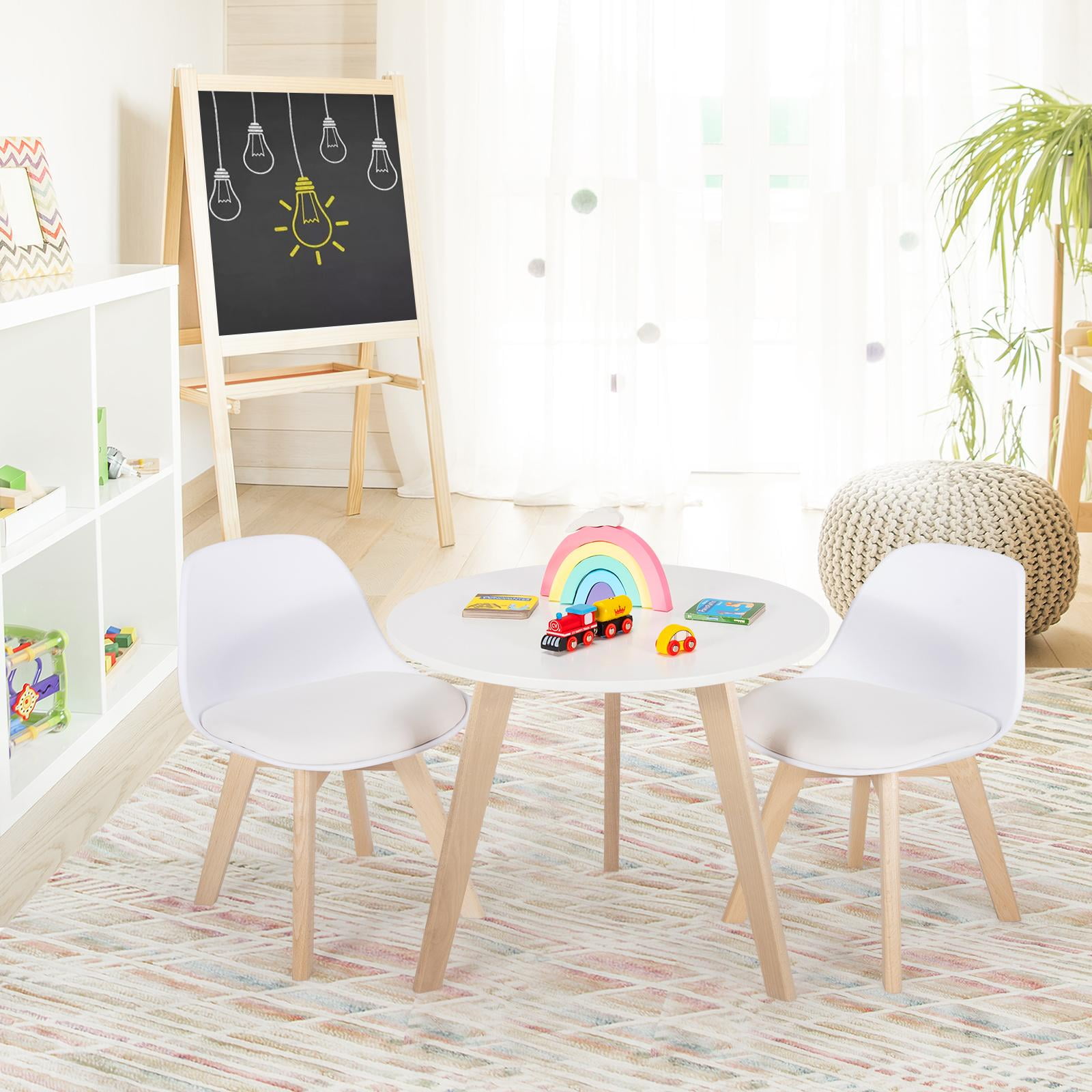 Giantex 3 Pcs Kids Table and Chair Set, Wood Activity Set w/Cushioned Seats, Child-Sized Furniture for Toddlers