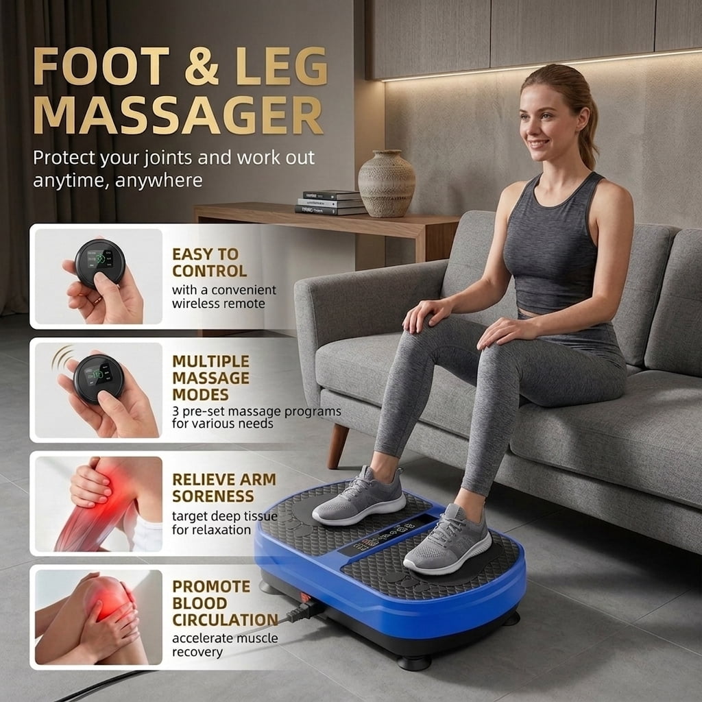 Fenbeli Vibration Plate Exercise Machine, 1-999 Speeds, Bluetooth Speaker, Remote, 2 Loops and 5 Resistance Bands, 450 lb Capacity, Blue