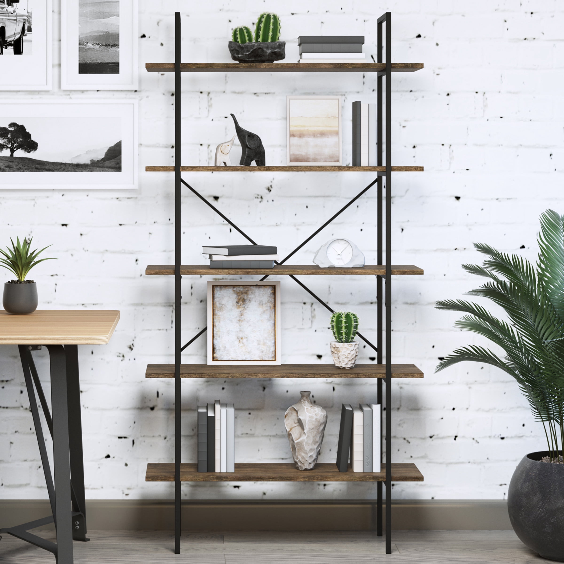 Lavish Home 5-Tier Bookshelf Industrial Style Freestanding Wooden Bookcases, Brown Woodgrain, Set of 2