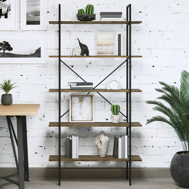 Lavish Home 5-Tier Freestanding Bookshelf – Open Industrial Style Etagere  Wooden Shelving, Brown Woodgrain