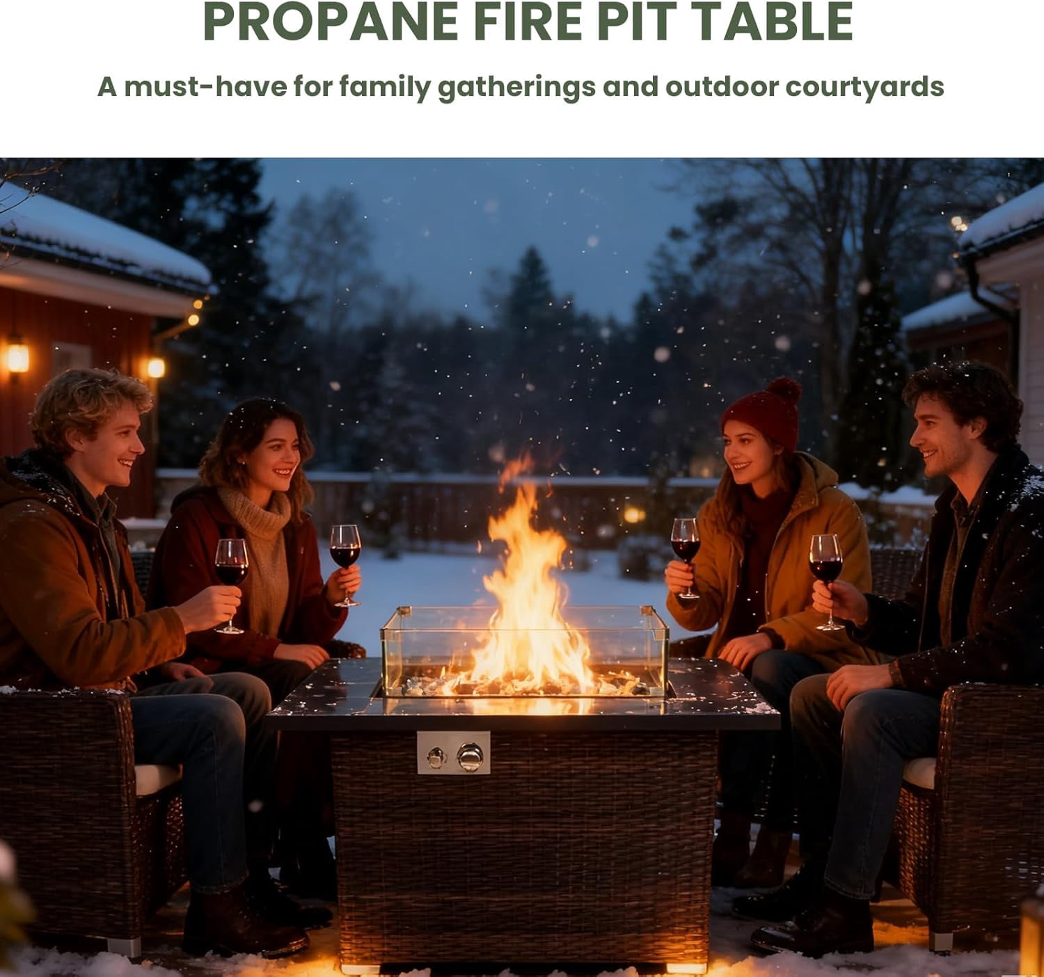 44" Outdoor Propane Fire Pit Table – 50,000 BTU Gas Firepit with PE Rattan Base,Ceramic Tabletop,Tempered Glass Shield – Includes Lid & Weatherproof Cover for Deck,Garden,Backyard