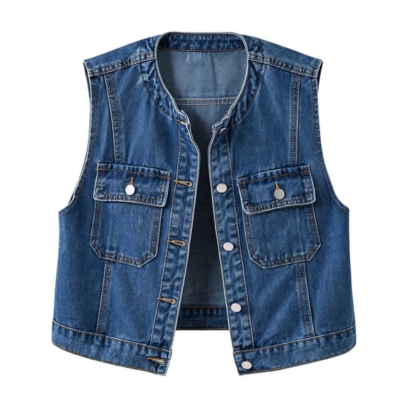 Vivianyo HD Women's Round Neck Denim Vest, Sleeveless Cropped Jean Jackets for Women, Button-Front Denim Top All-Season Layering Denim Outer for Daily Walks and Shopping Trips, Sizes S-5XL