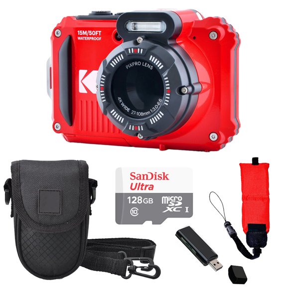 Kodak PIXPRO WPZ2 Digital Camera (Red) Case Foam Floating Strap - 128GB Basic Kit