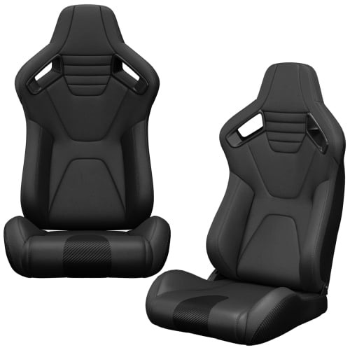 2PC Universal Bucket Racing Seats Black Stitching PVC Leather Reclinable Carbon Look Leather Back with Dual Sliders