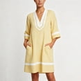 thumbnail image 5 of Women's Striped Dress V-Neck 3/4 Sleeve Colorblock Trim Dress Breathable Beach Resort Sundress Dresses for Women Yellow S, 5 of 6