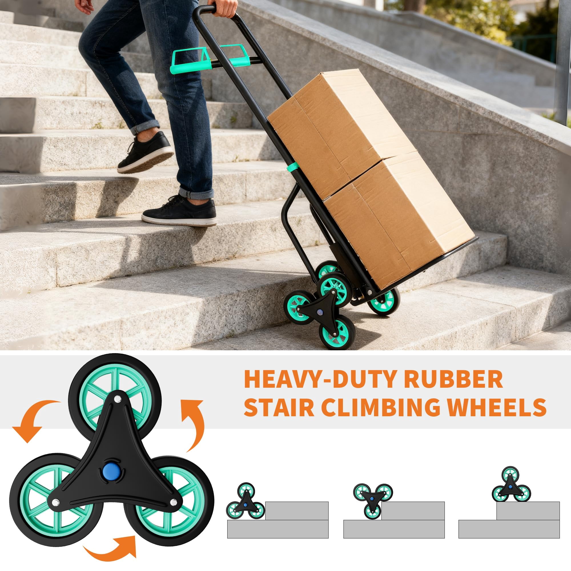 3 in 1 Convertible Aluminum Hand Truck Dolly Cart, 440Lbs Capacity, Stair Climbing Utility Trolley Platform Cart for Transport and Moving in Home, Office, Warehouse, Supermarket, Green+Black