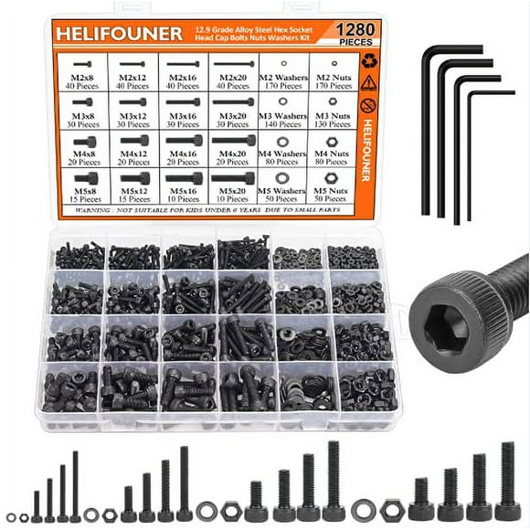 HELIFOUNER 1280 Pieces Socket Head Cap Screw Bolts, Flat Washers and Nuts Assortment Kit, 12.9 Grade Alloy Steel, Full Thread (M2 M3 M4 M5)