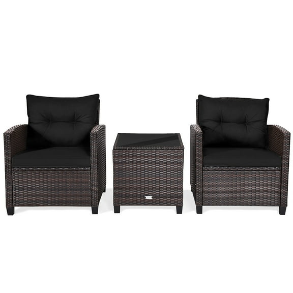 Patiojoy 3PCS Wicker Cushioned Conversation Set Outdoor Rattan Furniture w/Black Cushions