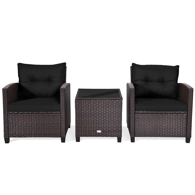 Patiojoy Ensemble de Conversation 3 Pcs en Osier Rembourré Mobilier d'Extérieur en Rotin avec Coussins Noirs