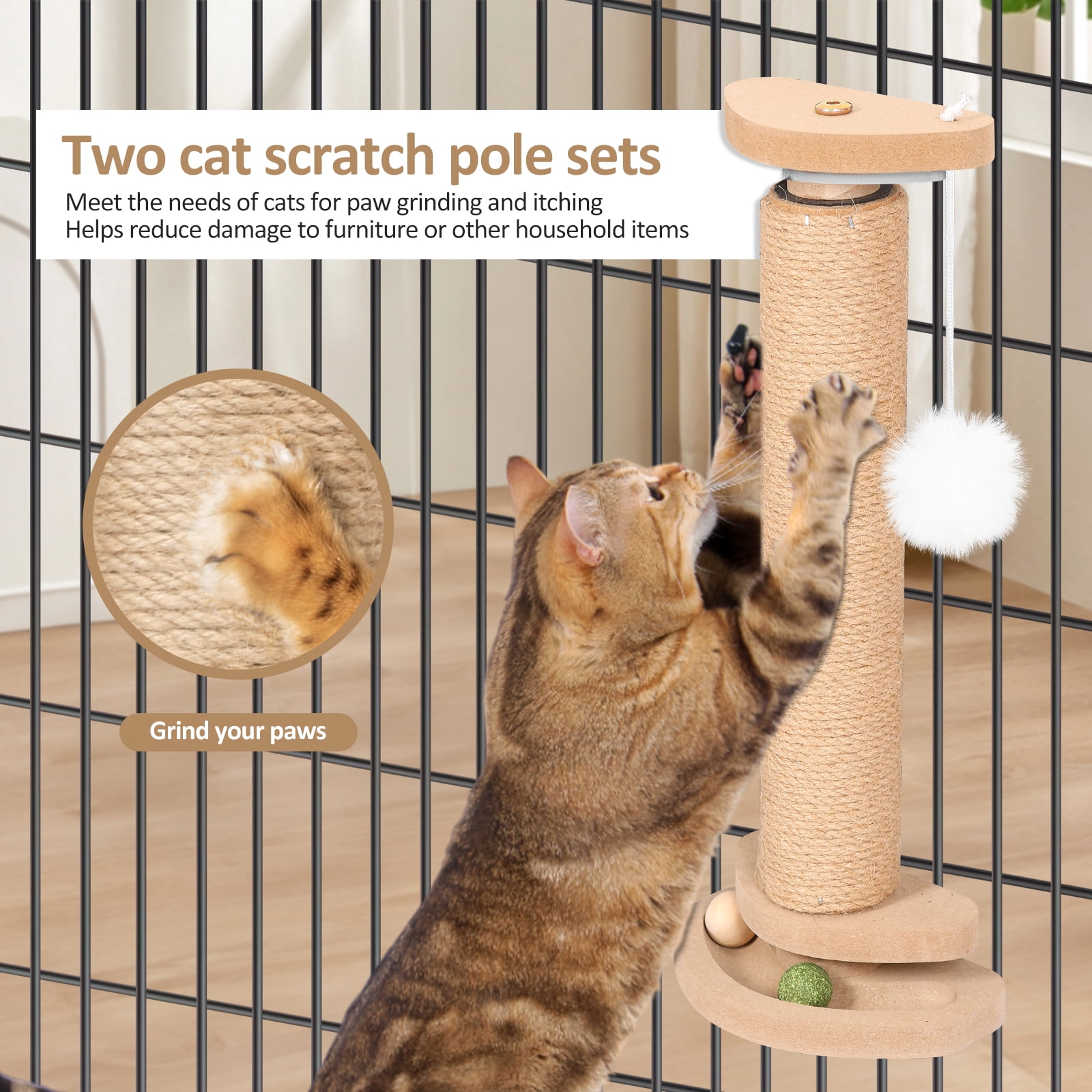 Threns Cat Scratching Post,Kitten Scratching Post with Track Ball Toy for Indoor Cage Cage,Mounted with Self Groomer and Massager Kennel Playpen Accessories