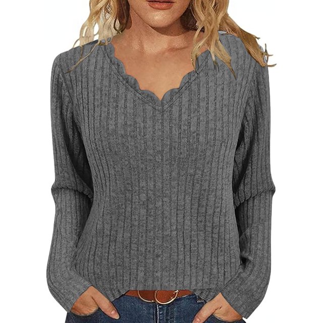 Sweaters for Women Ribbed Wave V Neck Slim Fitted Comfy Knit Casual Work Long Sleeve Shirts