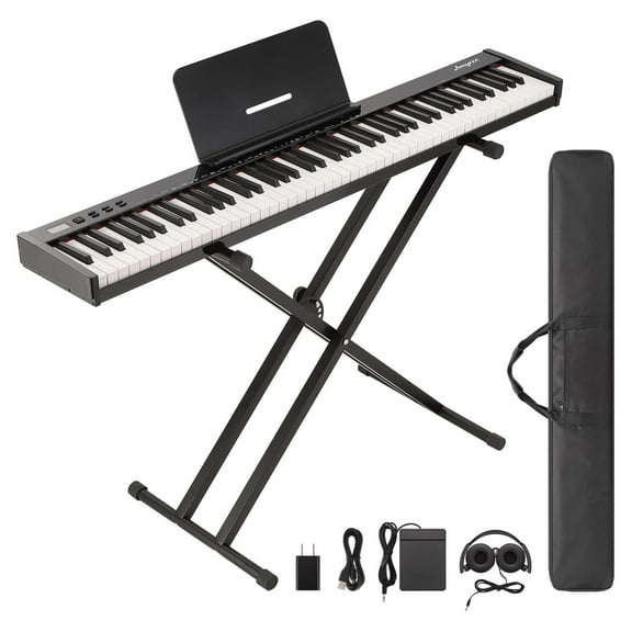 88 Key Keyboard Piano, Full-Size Electric Keyboard Piano for Beginners, Portable Electric Piano with Stand, Headphones, Pedal, Handbag, Bluetooth, USB MIDI, Black with Stand