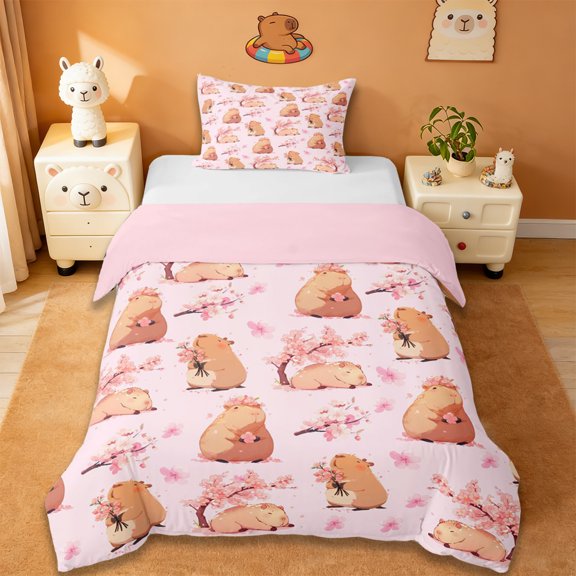 Erosebridal Cartoon Capybara Twin Bedding For Kids,Pink Cherry Blossom Duvet Cover Set For Cute Animals Lover ,Reversible Pink 2-Piece,No Comforter