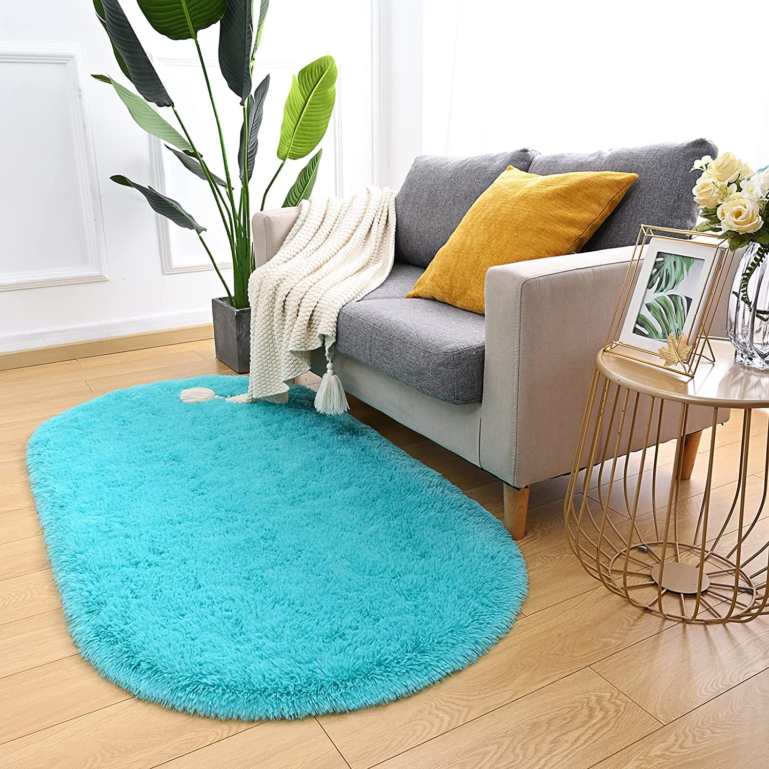 Arogan Super Soft Area Rugs for Bedroom Living Room Nursery Room,Fluffy Oval carpet,2.6'x5.3',Blue