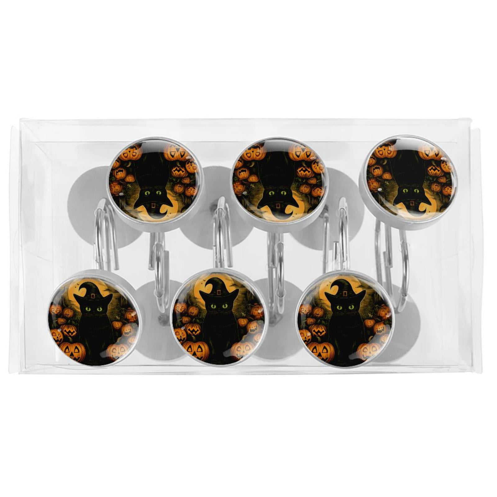 12pcs Decorative Shower Curtain Hooks, Rust Resistant Shower Rings for Bathroom Living Room,Rustproof Stainless Steel Rings for Shower Curtain and Liner Rods,Halloween Cat S