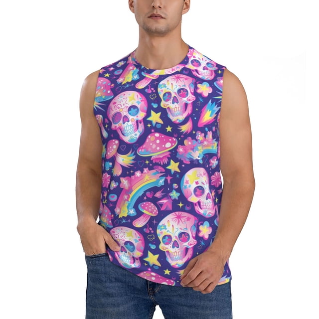 Balery Skull rainbow mushroom colorful Camisetas sin mangas para hombre, absorbe la humedad y protege contra el mal olor.-X-Large
