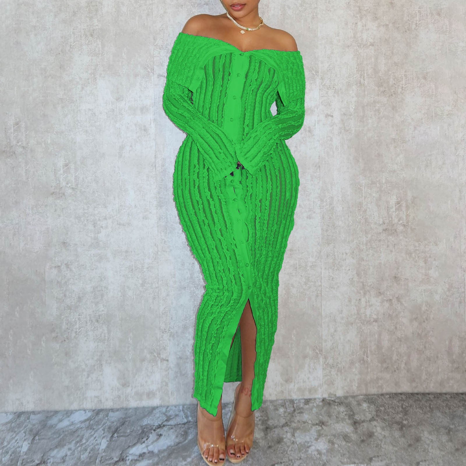 Long sleeves green midi button up linen dress women 4833 Long sleeves green midi button up linen dress women 4833