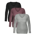 thumbnail image 2 of Essential Basic Women's Junior Size Vneck Tshirt Long Sleeve Shirt, 3Pk Black Old Rose Hgray, Medium, 2 of 4
