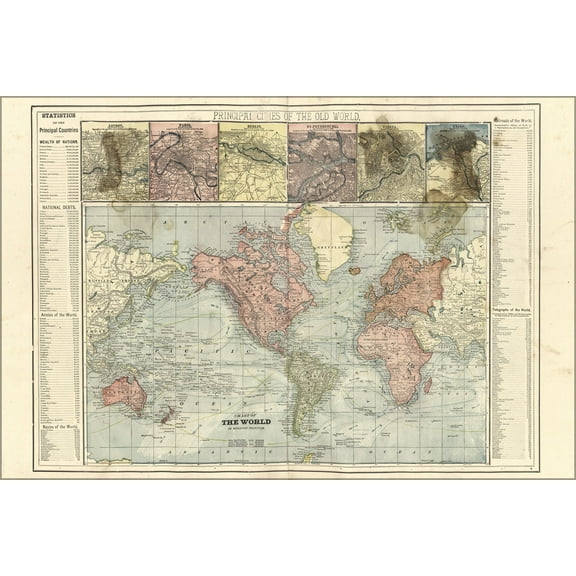 24"x36" Gallery Poster, map of the World on Mercator Projection 1899