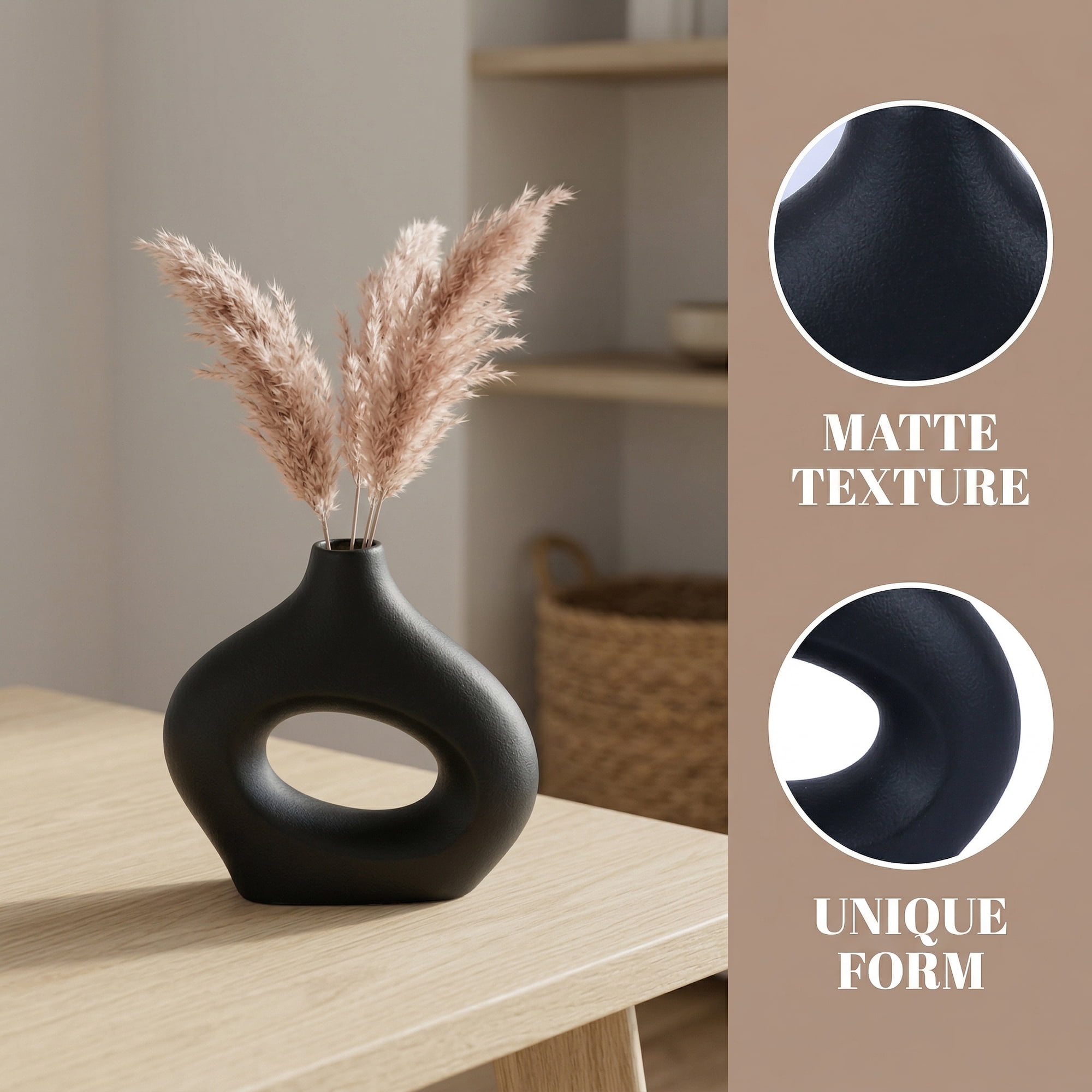 Unique Bargains Donut Hollow Circle Ceramic Flower Vase Black 7.2"L x 2.2"W x 7.2"H