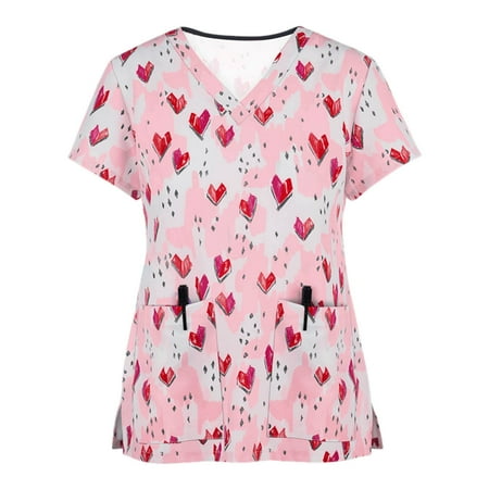 

Scrubs for Women Pockets Plus Size V-Neck Short Sleeve Animal Printed Nurse Uniform with Pockets Tshirt Scrub Tops