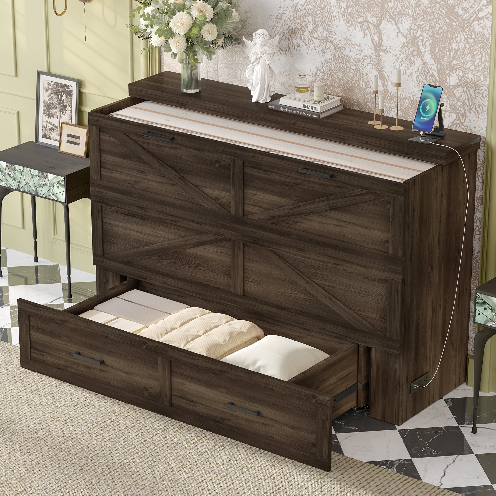 Mintazer Farmhouse Queen Murphy Cabinet Bed with Charging Station & Storage Drawers, Foldable Platform Bed for Bedroom Guest Room, Brown