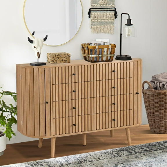 Dresser for Bedroom with 8 Drawers & 2 Doors, Wood Fluted Storage Organizer for Living Room, Walnut