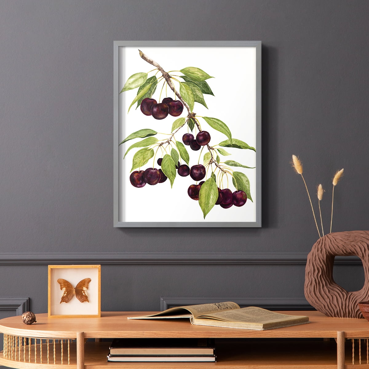 Watercolor Cherries Framed Print in Gray Solid Wood 8 x 10 Framed Print