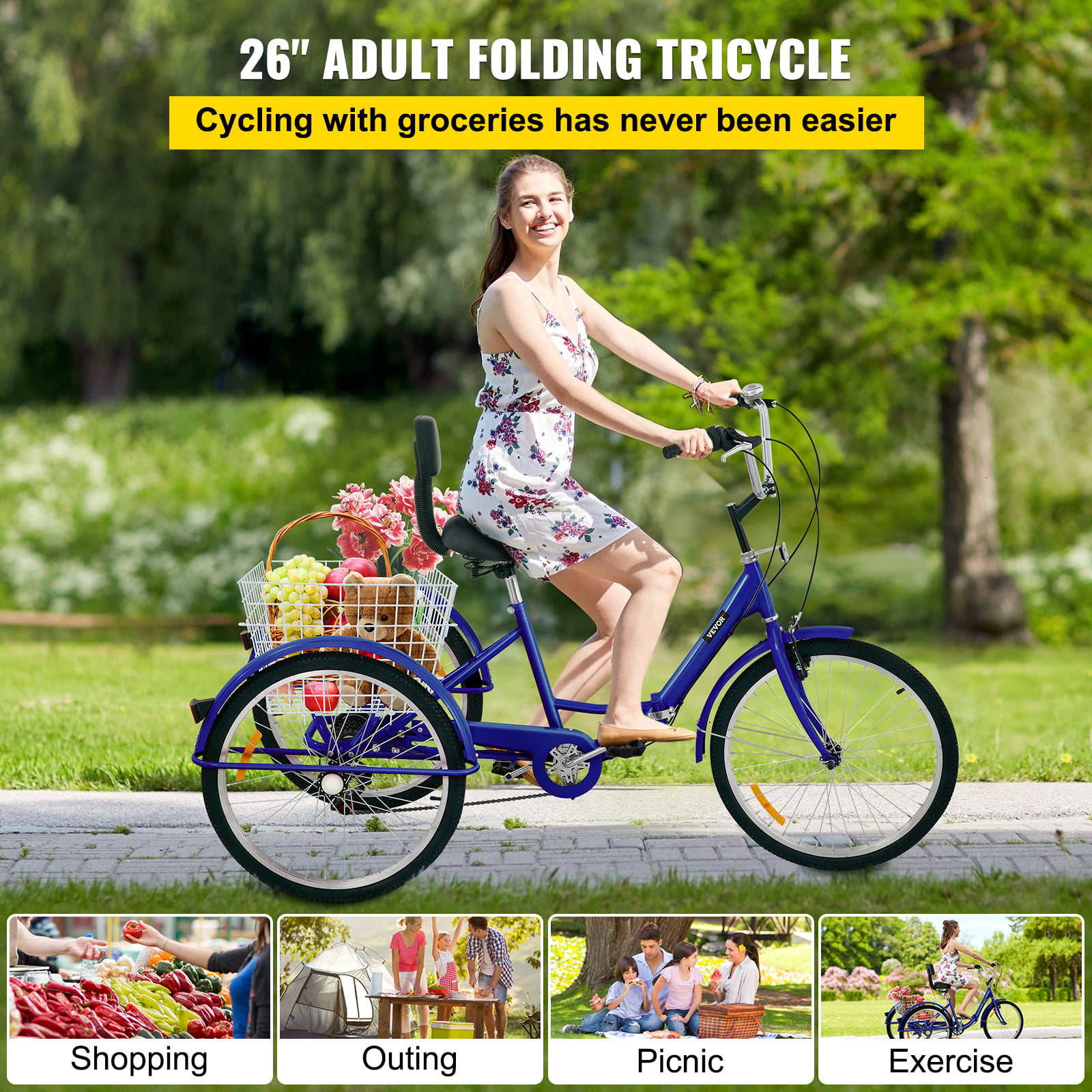 VEVOR Foldable Tricycle 26" Wheels, 7-Speed Trike, 3 Wheels Colorful Bike with Basket, Portable and Foldable Bicycle for Adults Exercise Shopping Picnic Outdoor Activities - image 2 of 9
