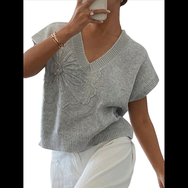 Tops Florales Bonitos de Corta para Mujer, con Decoración de Flores 3D, de Punto, Sueltos, para , Otoño y Verano 2025 Gris XL
