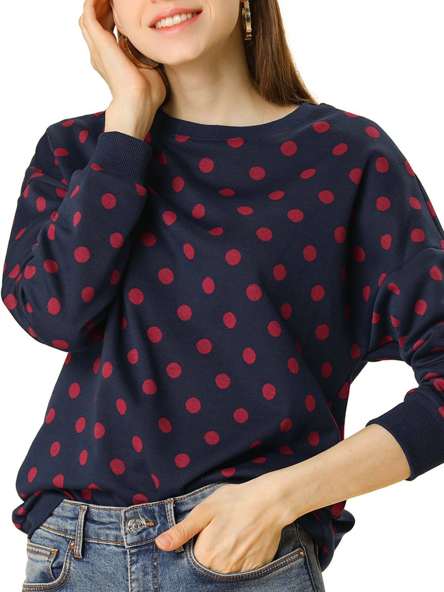 DARING DIVA Women's Knitted Pullover Polka Dots Winter Fall Sweaters XS Dark Blue