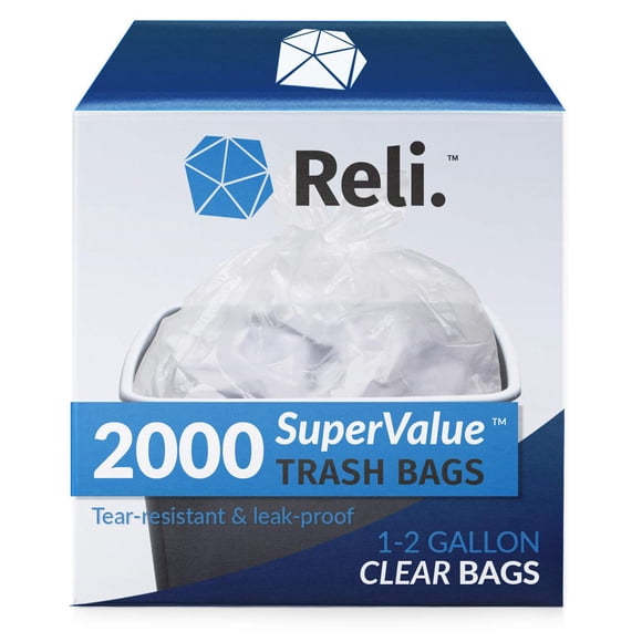 Reli. 1-2 Gallon Trash Bags | 2000 Bags | Clear | Bathroom | Strong | Garbage