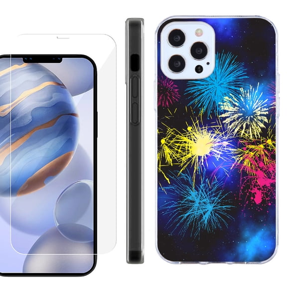 Slim Fit Protective Phone Case for Apple iPhone 12 / iPhone 12 Pro, with Tempered Glass Screen Protector, by OneToughShield ® - Fireworks