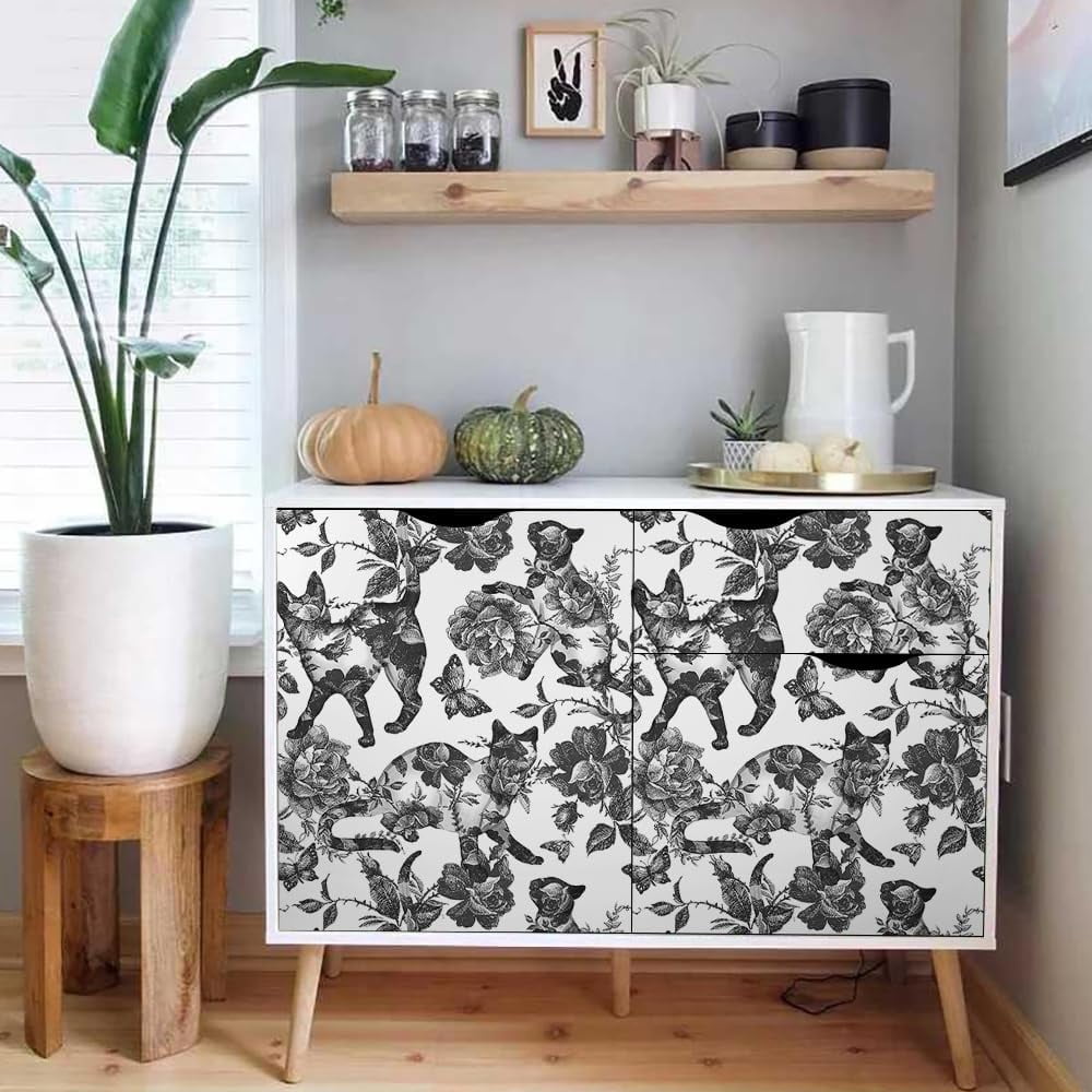 Black White Vintage Floral Cat Animals Butterfly Peel and Stick Wallpaper Self Adhesive Removable Easy Peel Off Contact Paper Stick on Wall Paper for Bedroom Cabinet Renter Friendly