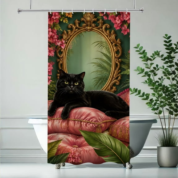 RKSupls Black Cat On Pink Velvet Cushions Waterproof Shower Curtain Polyester Shower Curtain with Hooks for Chic Elegant Home Bathtub Bathroom Decor