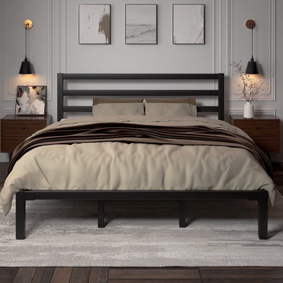 King Size Metal Platform Bed Frame with Headboard, Heavy Duty Steel Slat Support, Under-Bed Storage, No Box Spring Needed, Black